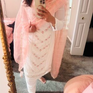 White Suit Baby Pink Indian set three piece with dupatta